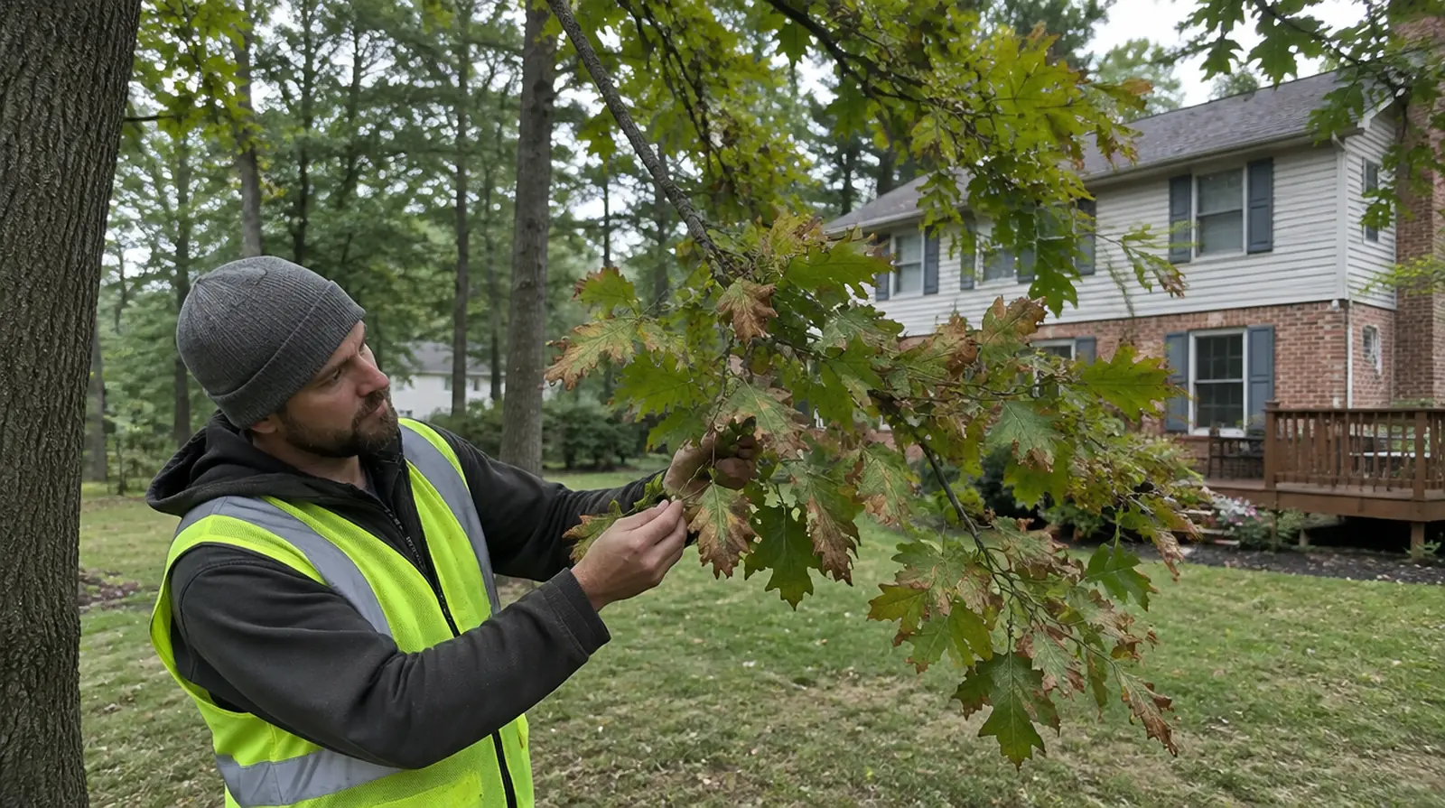 Arborist looking at wilting leaves on a red oak in a wooded backyard in Novi, MI