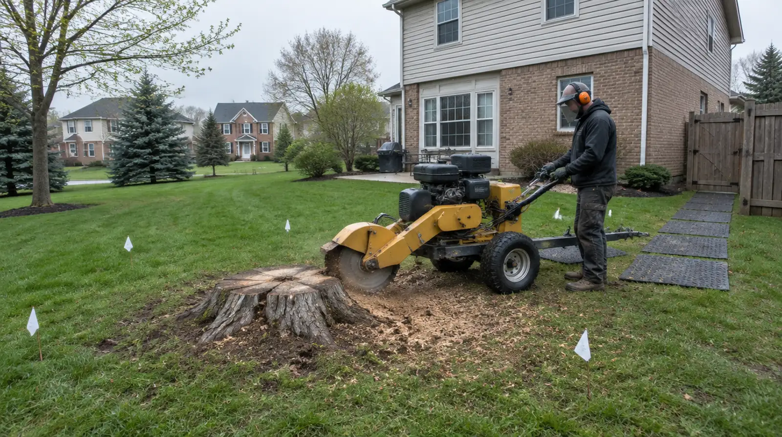 Grinding an old ash stump in a subdivision backyard in Novi, MI