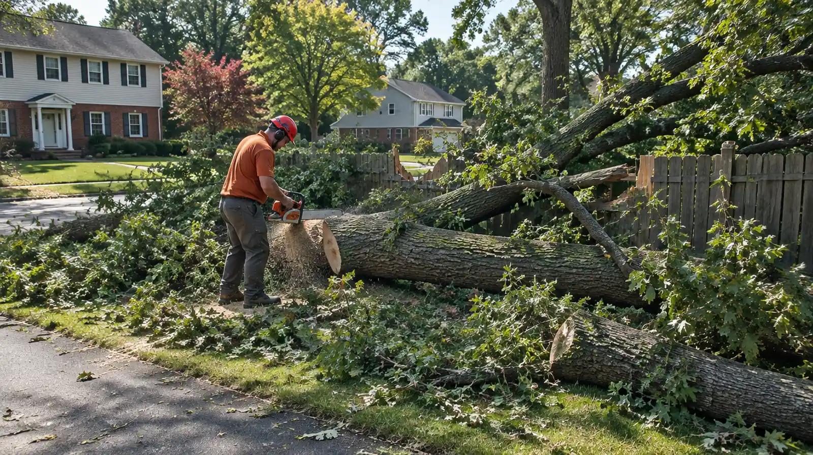 Crew clearing a storm-fallen tree in Novi, MI