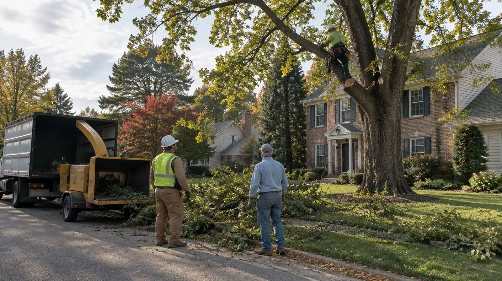 Tree service crew trimming a tree beside a home in Novi, MI