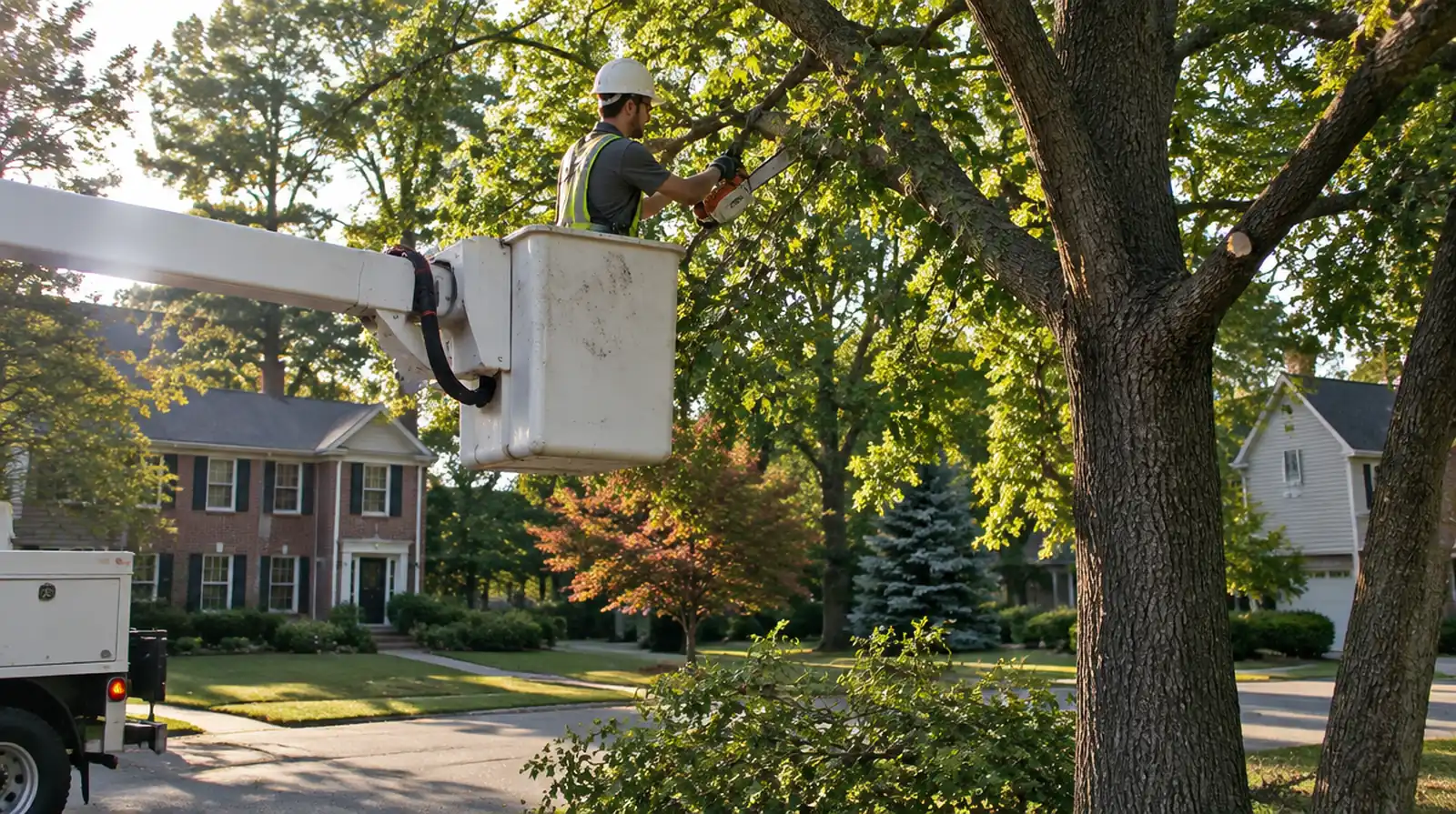 Arborist trimming tree branches from a bucket lift in Novi, MI